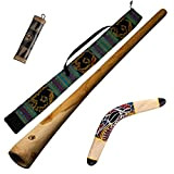 Australian Treasures - AT ''Dreamtime'' pacchetto: didgeridoo di legno 130cm - borsa - boomerang di legno 40cm - rainstick/shaker 20cm