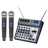 BOMGE Mixer audio per console DJ a 6 canali con 2 microfoni wireless, MP3, USB Bluetooth, 48 V phantom per ...