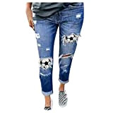Taglia Jeans Donna Strappato Jeans con Stampa Calcio Plus Pantaloni 7/8 Pantaloni Donna Jeans, Blu, S