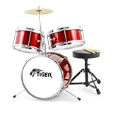 TIGER JDS7-RD Batteria per ragazzi 3 pezzi con rullante, tom, basso, pedale, piatti, bacchette e sgabello - colore rosso