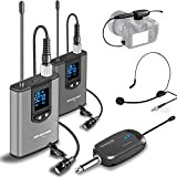 Wireless Headset Lavalier Microphone System -Alvoxcon Dual Wireless Lapel Mic for iPhone, DSLR Camera, PA Speaker, YouTube.